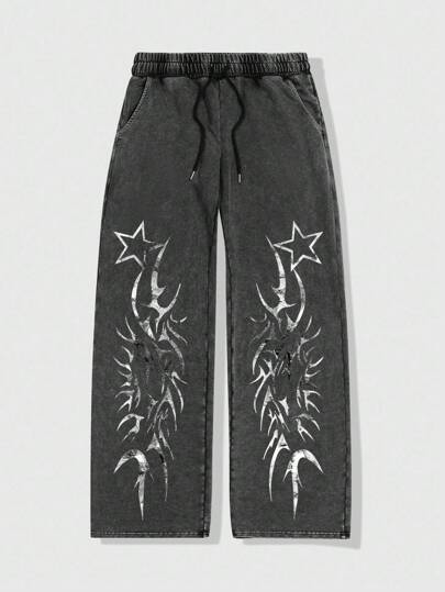 Street Life Pantalon de survêtement droit à taille avec cordon de serrage, imprimé étoiles, pour un usage quotidien décontracté pour hommes