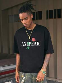AXEPEAK Casual Rose Floral Round Neck Short Sleeve Men T-Shirt - Black - View 1