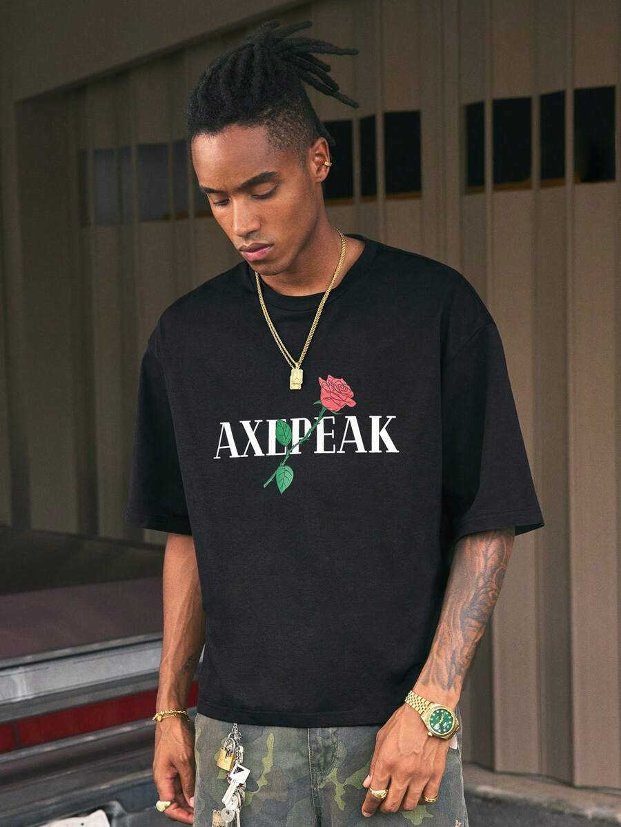 AXEPEAK Casual Rose Floral Round Neck Short Sleeve Men T-Shirt - Black - View 1