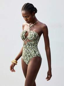 Maija 1 件女式度假全身印花镂空吊带连体泳衣，波西米亚风收腹泳衣，7 月 4 日泳衣 - 綠色 - 查看 6