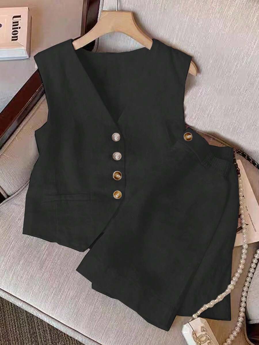 SHEIN Clasi 2 件套女士夏季简约前纽扣吊带背心和短裤套装 - 黑色 - 查看 1
