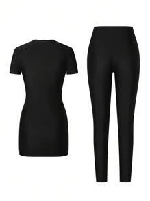 SHEIN Swim Shayni Bộ đồ bơi Burkini đi nghỉ mát thường ngày màu đen cổ tròn tay ngắn có dây rút đính hạt cho nữ mùa hè mới - màu đen - Xem 5