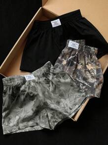 Comfortcana Bộ 3 quần short dáng rộng in họa tiết cành cây và màu trơn cho nữ - Xám - Xem 5