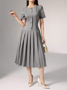 Heiryn Elegant Commuter Asymmetric For Women,  Pleated Dress,  Grey Dresses For Women, Button Dress, Women Clothing Elegant, Grey Pleated Dress,Back To School,Back To School Outfit,Fall Outfits Women,Autumn Clothes,Autumn,Fall Dresses For Women,Autumn Dress,Fall Dresses