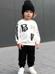 SHEIN 幼儿男童休闲运动罗纹针织圆领、袖口、下摆印花设计长袖上衣和裤子套装，秋冬 - 彩色 - 查看 7