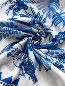 Soleia 女士新款假日系列针织吊带蝴蝶结连体衣，花鸟印花，蓝白配色，适合邮轮、嘉年华等场合，可内搭或外穿。