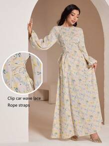 Veilorie 女式优雅花卉印花交叉系带侧灯笼袖连衣裙 - 彩色 - 查看 1