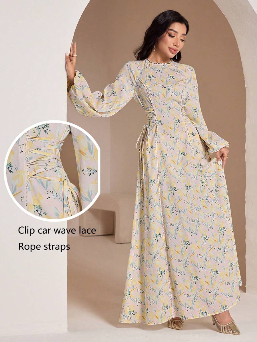 Veilorie 女式优雅花卉印花交叉系带侧灯笼袖连衣裙 - 彩色 - 查看 1