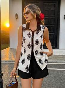SHEIN Unity Camisa informal versátil sin mangas con estampado a contraste de color - Albaricoque - Ver 1