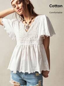 Bohemela 大码女式撞色蕾丝V领荷叶边短袖T恤