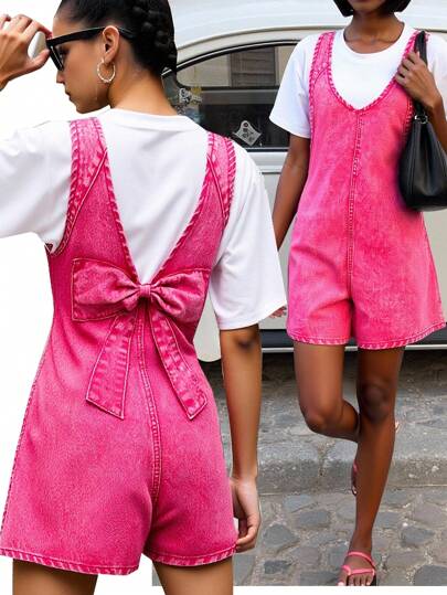 Tween Girls New Y2K Style Pink  Teen Girls Tween Girls Summer PINK Y2K Denim Bib Shorts,Large V-Neck Design Rosette Bow-Knot Y2K Casual Fashionable & Versatile School Style Washed Denim Bib Shorts, Summer Hot Selling Item, 2025 Spring Summer New All-Match Collection, Suitable For Daily Wear School Wear