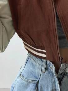 DAZY 撞色运动短外套，学院风拉链长袖连帽衫，立领棒球夹克女式外套 - 棕色 - 查看 6