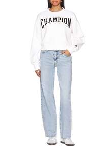 Champion Áo nỉ hở vai in chữ thường ngày cho nữ, mùa hè - trắng - Xem 3