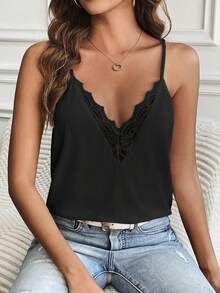 SHEIN Frenchy 刺绣网纱装饰扇贝花边吊带背心 - 黑色 - 查看 6
