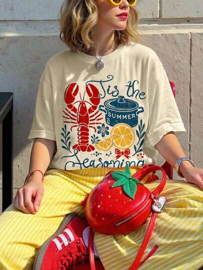 DrmWander Camiseta suelta de cuello redondo para mujer de talla grande con gráfico retro de cangrejo de río, diseño de verano con estética vintage de cangrejo de río, camiseta casual