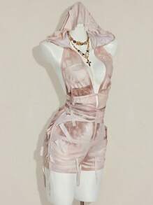 SHEIN ICON 女式复古纹理谷仓风格连帽腰带露背性感连体裤 - 杏色 - 查看 7