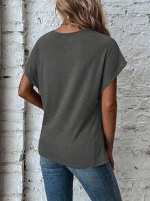 SHEIN LUNE Summer Casual Solid Color Twist Asymmetrical Hem T-Shirt