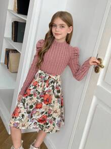 SHEIN Tween Girls Color Block Pink Floral Print Puff Sleeve Belted Dress - Pink - View 6