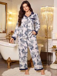 LuxeNights Große Größen Kontrast Kragen Tropische Pflanzen & Tier Muster Kurven Pyjama Sets, Herbst Winter Kleidung, gemütliche Outfits