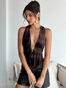Aloruh Women's Deep Draped Neck Halter Ruched Metal Decor Sexy & Elegant Tank Top, Suitable For Summer, Gradient & Tie-Dye Printing Chocolate Brown Top Halter Top Suitable For Going Out,Off The Shoulder Top - Multicolor - View 6