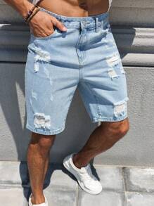 Manfinity LEGND Stylish Light Wash Distressed Denim Bermuda Shorts For Men Perfect For Relaxed Summer Boyfriend & Husband Washed Blue Loose Wide Leg For Going Out Denim Shorts