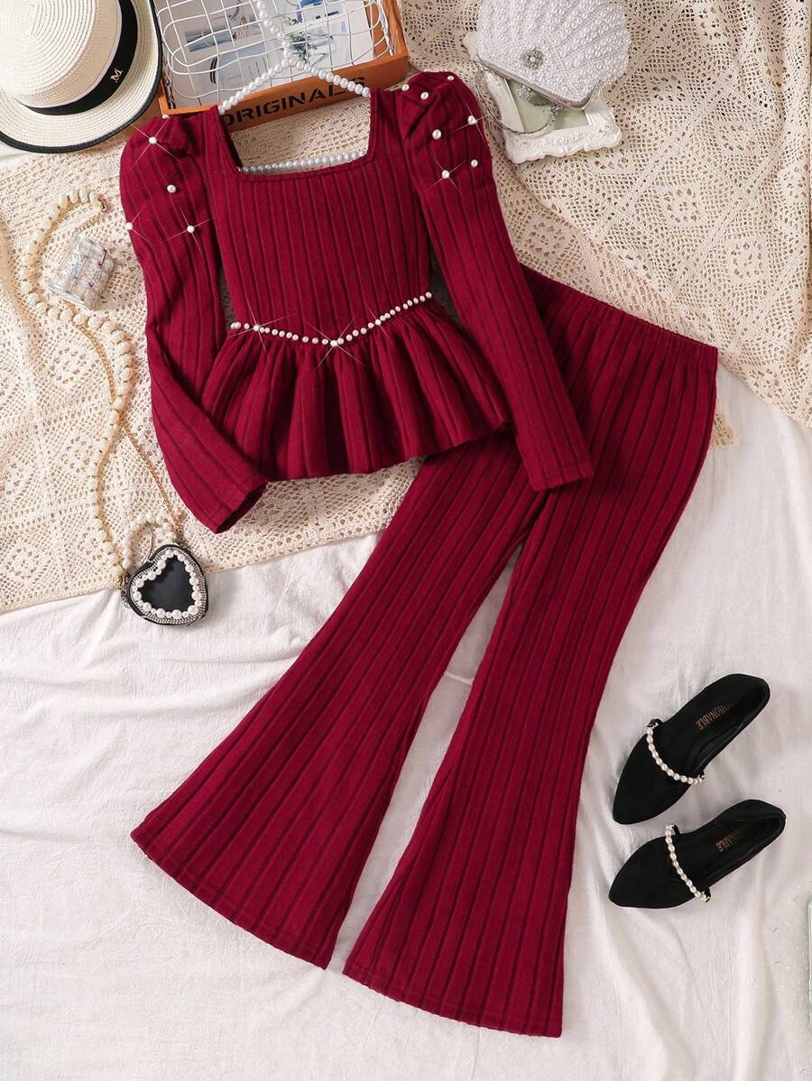 Sparklyn 2pcs/Set Tween GirlsElegant Jeweled Ribbed Fuzzy Crew Neck Puff Sleeve Top And Simple Knitted Long Pants Casual Outfits, Autumn/Winter Fall - Burgundy - View 1