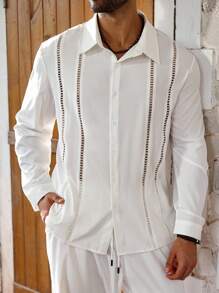 Manfinity Homme Camisa de manga larga de unicolor casual para hombre talla grande, otoño - Blanco - Ver 4