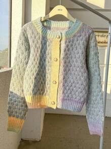 Franclia Women's Casual Button-Up Round Neck Mixed Fabric Cardigan Knitted Sweater Roupa Para A Universidade Fall Winter Cloth For Women