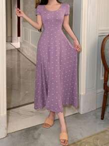 DAZY Bow Print Body-Fitted Short Sleeve Women Home Dress Pajama - Mauve Purple - View 3