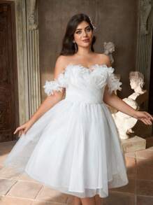 Aureia Váy trễ vai ren hoa 3D màu trắng lãng mạn thanh lịch cỡ lớn, viền bèo nhún hở lưng, thích hợp cho tiệc tối, hẹn hò ăn tối, kỳ nghỉ, sinh nhật, tốt nghiệp, đám cưới, phù dâu và các dịp trang trọng khác - trắng - Xem 5