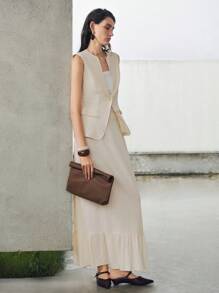Uhlyne Uhlyne Light Beige,Summer,Elegant,Tea Party Pure Cotton Vest Top & Sweet Mermaid Hem Skirt 2 Pieces Set,Old Money Style Minimalist Business Casual Outfits - Beige - View 5