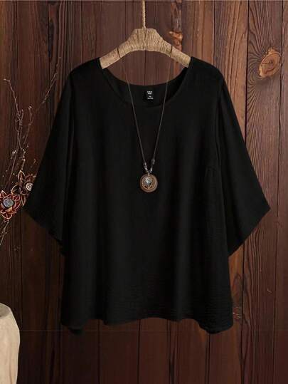 Linhara 女士优雅通勤和假日休闲白色衬衫，简约设计，圆领，3/4 袖，常规版型，加大码，百搭，舒适面料，适合春夏秋季