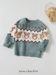 Cozy Pixies 男婴小熊几何图案圆领长袖套头毛衣，厚实柔软舒适休闲百搭 - 綠色 - 查看 7