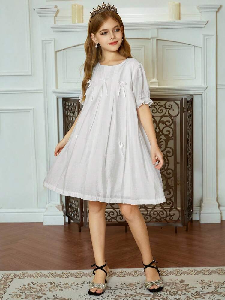 Tween Girls Round Neck Woven Dress With Bow Decor, Cute & Fashionable Short Sleeve Dress For Summer