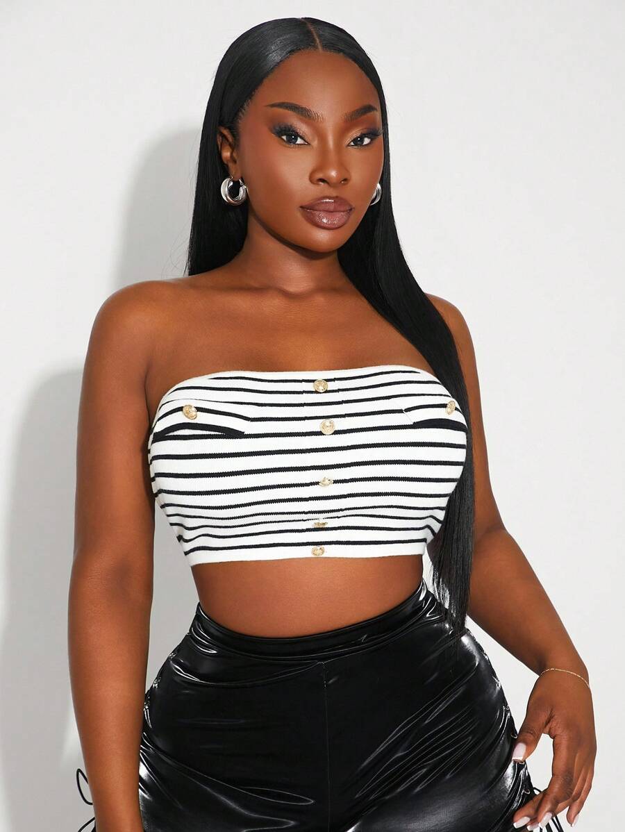 SHEIN SXY Plus Size Women Black & White Striped Crop Top With Metal Buckle Decor, Knit - Black and White - View 1