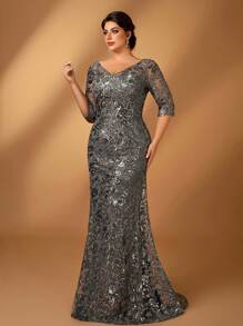 Serin Robe sirène à col V gris foncé élégante et luxueuse en maille sequins et dentelle brodée avec manches évasées. Convient pour les événements formels, les fêtes, les sorties, les vacances, les mariages, la mère de la mariée (grande taille)