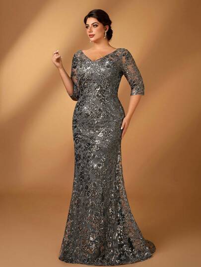 Serin Plus Size Autumn And Winter Elegant Dark Gray Sequin Mesh Embroidery V-Neck Mid-Sleeve Fishtail Style Suitable For Dinner Bachelorette Party Date Holiday Mother Of The Bride Dresses For Wedding Wedding Guest Dress Elegant