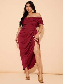 SHEIN BAE 大码女式优雅垂坠中长连衣裙，适合婚礼、伴娘、鸡尾酒会 - 酒紅色 - 查看 3