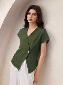 BizChic 2025 Autumn New Sage Green Metal Button V-Neck Short Sleeve Women's Blouse, Modern Elegant Urban Romantic Refined Rustic Music Festival Vintage Style, Airport Travel Wedding Guest Birthday Halloween Business Casual Office Date Party Outing Back To School Fall - Army Green - View 4
