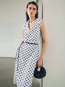 Uhlyne 优雅波尔卡圆点印花复古风格 V 领无袖修身直筒休闲连衣裙，时尚夏季新品 - 白色 - 查看 1
