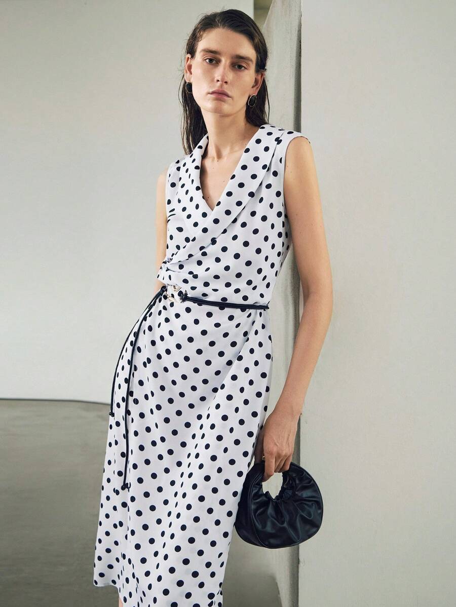 Uhlyne 优雅波尔卡圆点印花复古风格 V 领无袖修身直筒休闲连衣裙，时尚夏季新品 - 白色 - 查看 1