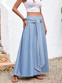 Vivid Eden 女士牛仔裙休闲度假宽松长裙蓝色腰带蝴蝶结长裙休闲度假风春夏西装女节日裙波西米亚风牛仔女 - 淺色水洗藍 - 查看 4