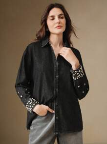 Anewsta Áo sơ mi denim đính đá Rhinestone thời trang giản dị cho nữ - màu đen - Xem 5