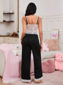 SweetSlumber Women Lace Patchwork Two Pieces Slip Pajamas Set - Black and White - View 2