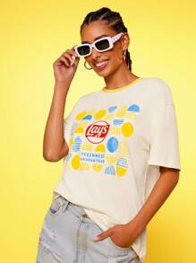 Lay's X SHEIN Women's Summer Casual Contrast Trim Letter Graphic Round Neck Short Sleeve T-Shirt