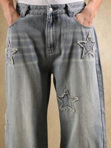 Calça Denim Larga Super Folgada da SUMWON com Bordado de Estrela, Caimento Solto, Moda Casual, Declaração de Estilo, Perna Larga, Streetwear, Festival, Concerto, Estética Moderna Grunge Y2K, Lisa - Azul - Visão 6