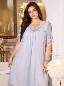 LuxeNights 大码浪漫网眼刺绣领荷叶边袖蝴蝶结睡袍，Moo Moo - 藍色 - 查看 7