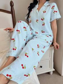 SHEIN Comfortable Women's Cherry Patterned Pajama Set With Regular Fit And Relaxed Style Cherry Pajama Set - Baby Blue - View 5
