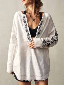 Bohemela Áo sơ mi cổ khoét thêu họa tiết cây cỡ lớn dành cho kỳ nghỉ - trắng - Xem 3