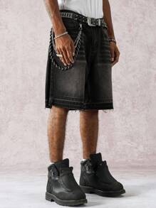 STEELVANCE 男士宽松阔腿休闲牛仔短裤，春夏休闲街头风格 - 黑色 - 查看 4